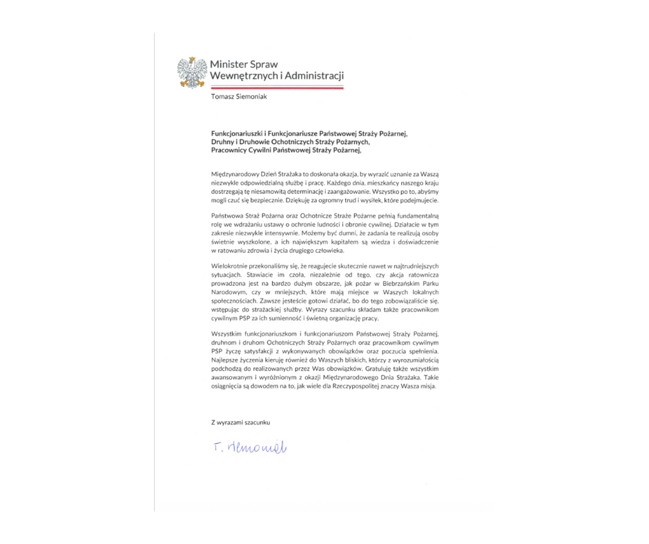 Życzenia Ministra Spraw Wewnętrznych i Administracji Pana Tomasza Siemoniaka z okazji Międzynarodowego Dnia Strażaka