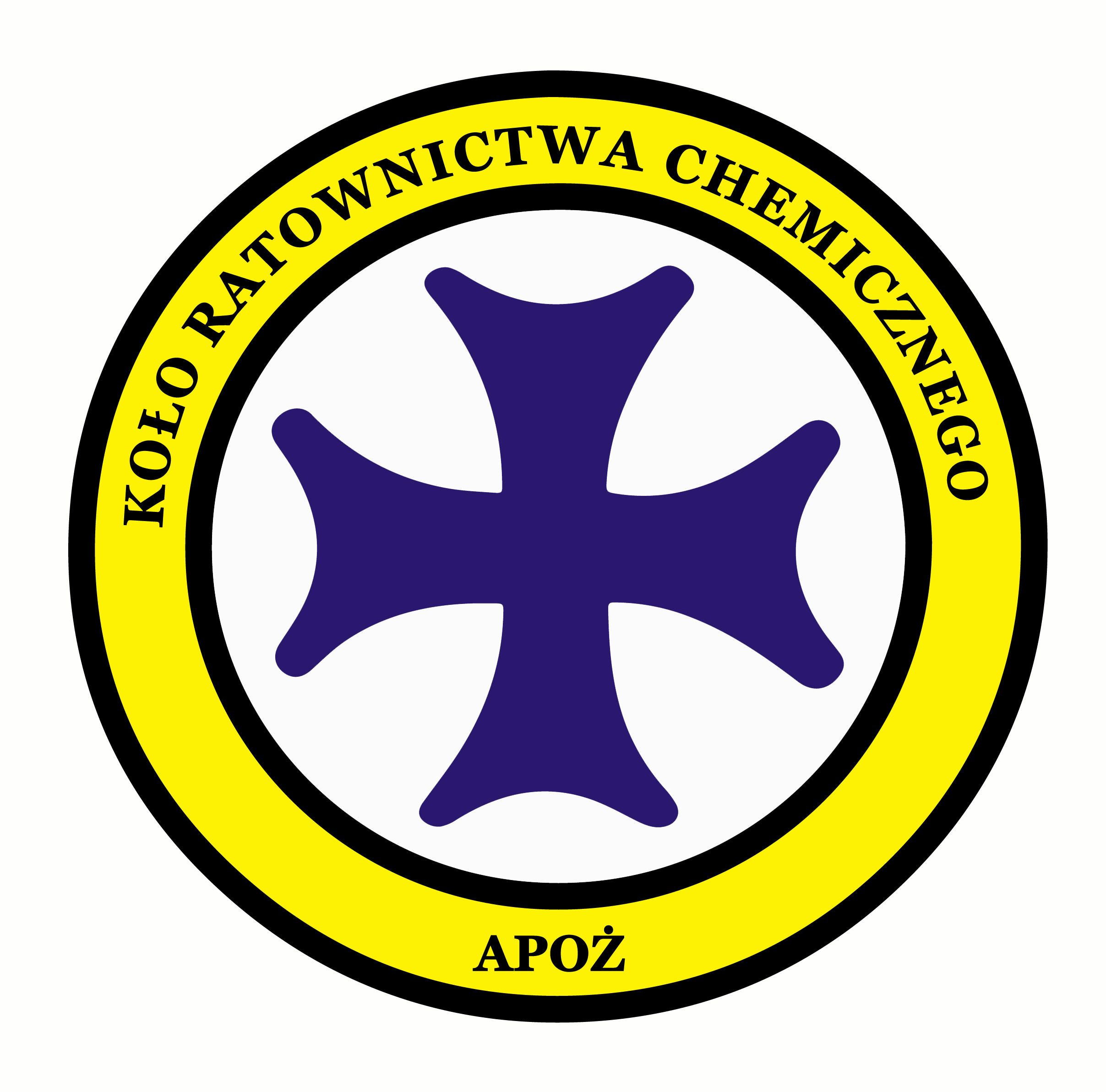 Logo Koła Ratownictwa Chemicznego, niebieski krzyż wpisany w żółty okrąg